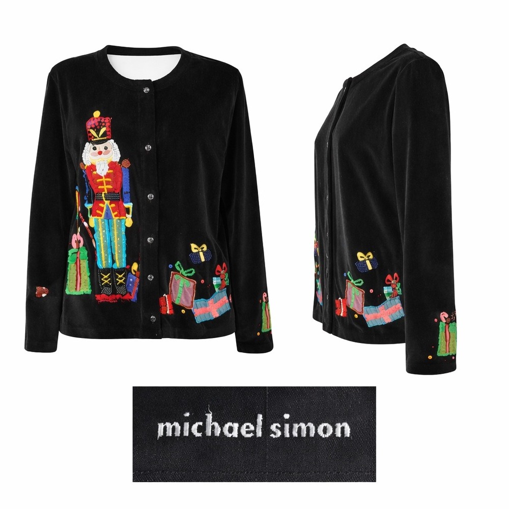 Vintage Michael Simon Nutcracker Christmas Cardigan Medium Velvet Beaded Holiday